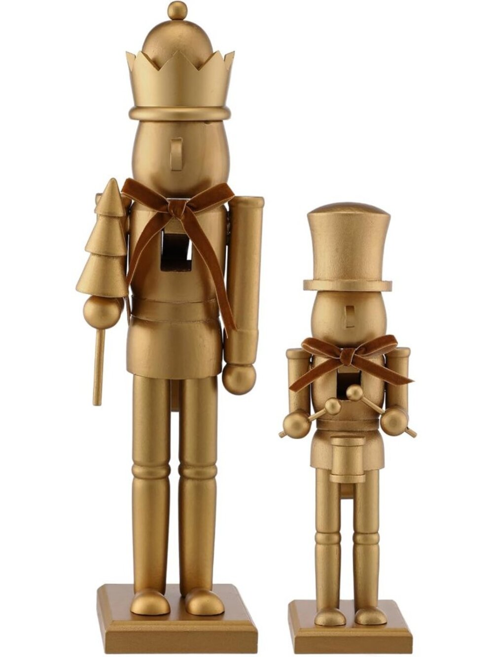 Set of 2 Neutral Christmas Nutcracker Figures - 10" & 15" Gold Wooden Decor